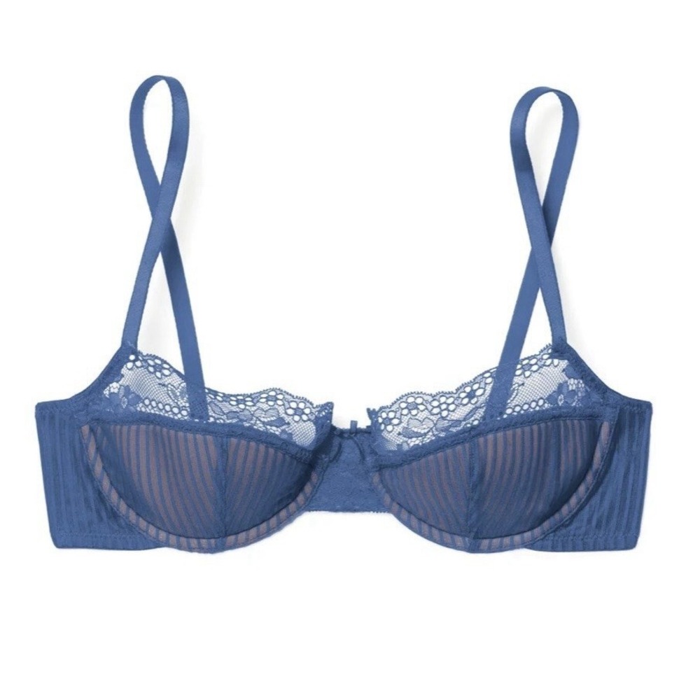 Adore Me Bra Size 44D Blue Selma Contour Balconette Lace Striped Mesh Underwired